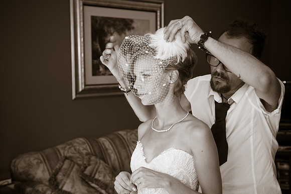 Bride getting Bird Cage Veil put on - Hudson Valley, NY